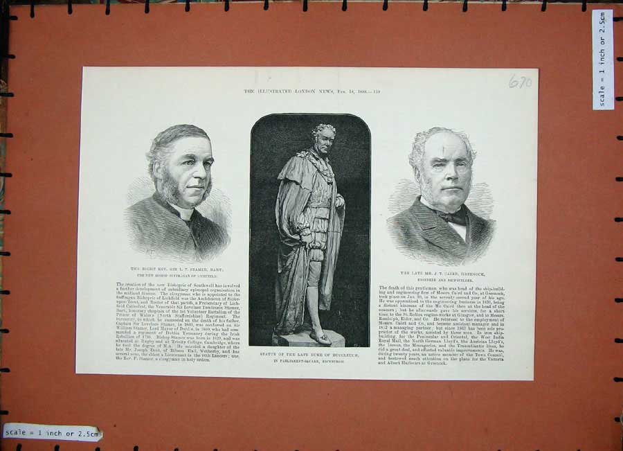 Old Antique Print 1888 Stamer Bishop Lichfield Statue Duke Buccleuch Men 19th
