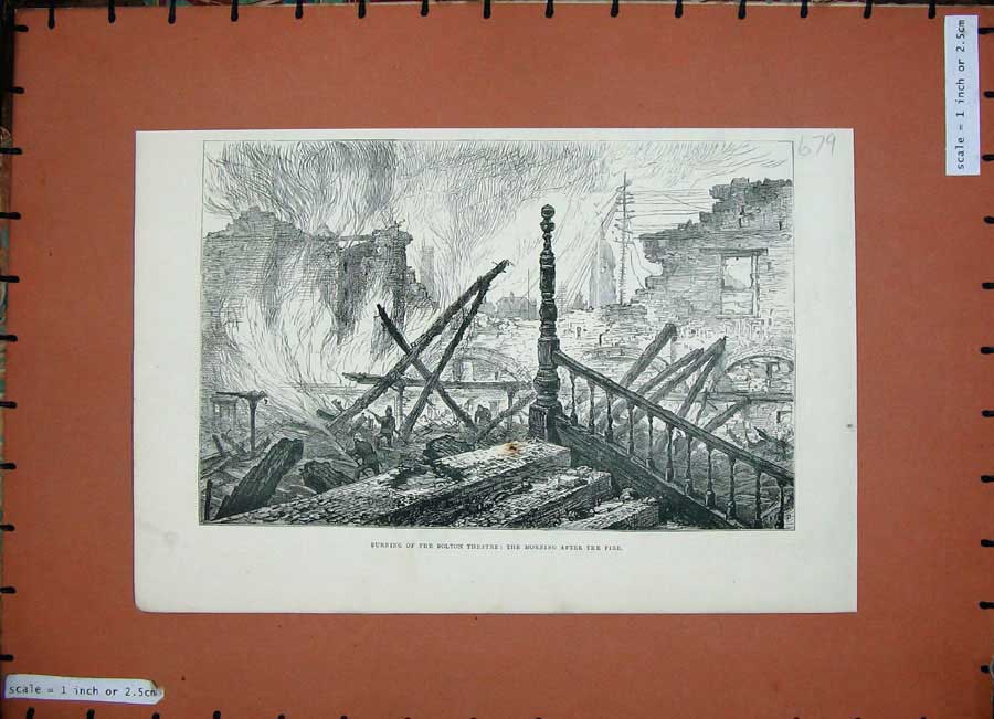 Original Old Antique Print 1888 Burning Bolton Theatre Fire Building Ruins 19th
