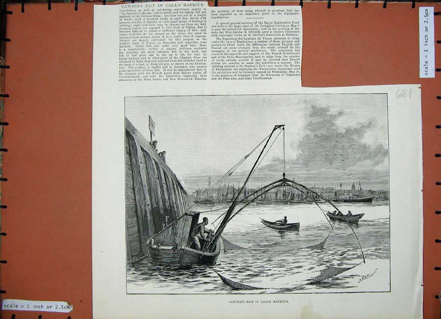 Old Antique Print 1888 Catching Bait Calais Harbour France Fishing Boats 19th