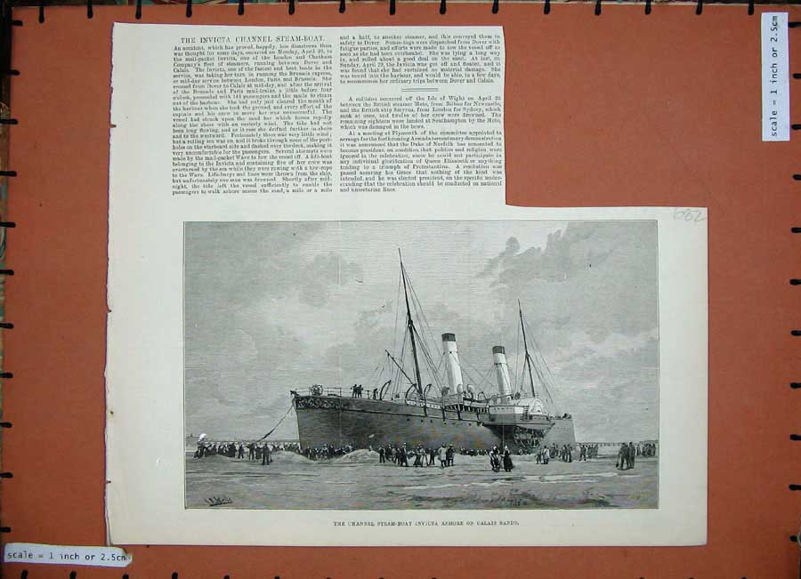 Original Old Antique Print 1888 Channel Steam Boat Invicta Ashore Calais France