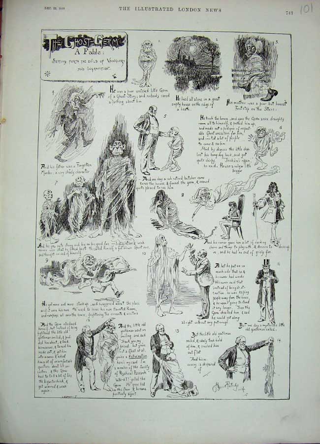 Original Old Antique Print 1888 Ghost Germ Fable Story Illustrations Partridge