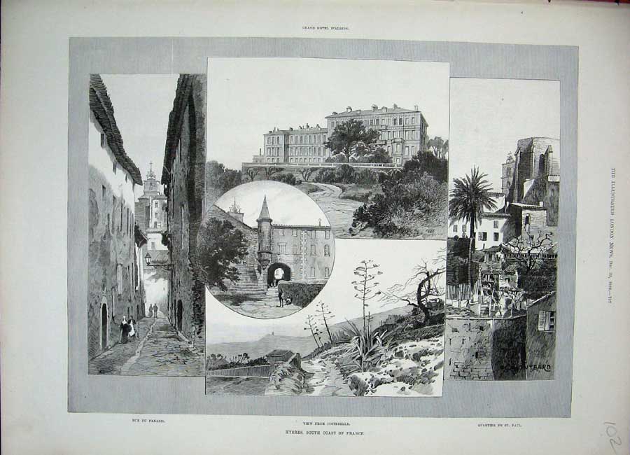 Old Antique Print 1888 Hyeres France Rue Paradis Costebelle Quartier Paul 19th