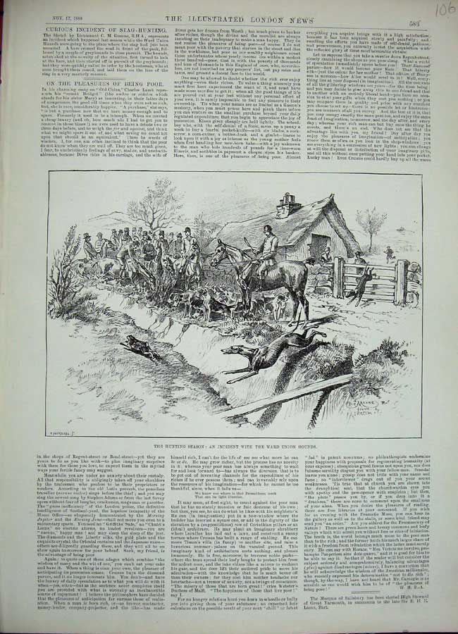 Original Old Antique Print 1888 Hunting Sport Ward Union Hounds Dogs Horses Men