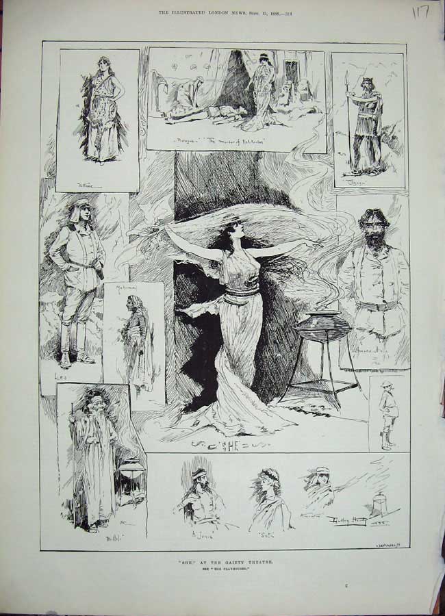 Original Old Antique Print 1888 She Gaiety Theatre Murder Kall Krales Ustane
