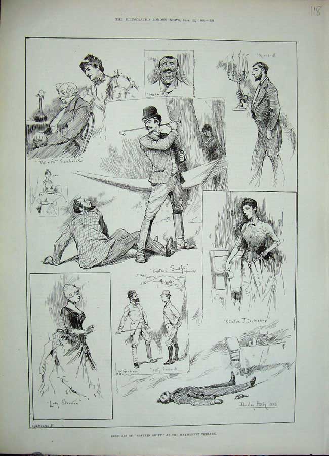 Original Old Antique Print 1888 Captain Swift Haymarket Theatre Lady Staunian