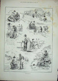 Original Old Antique Print 1888 Seaside Sketches Children Sand Castle Swimming