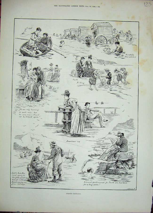Original Old Antique Print 1888 Seaside Sketches Children Sand Castle Swimming