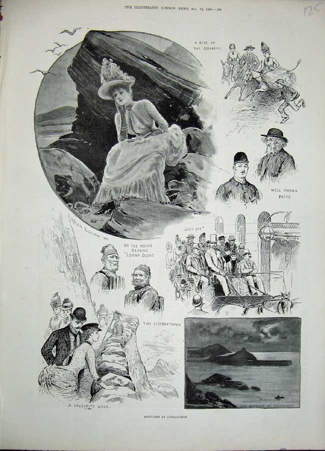 Original Old Antique Print 1888 Ilfracombe Donkeys Lifeboatsmen Harbour Horses