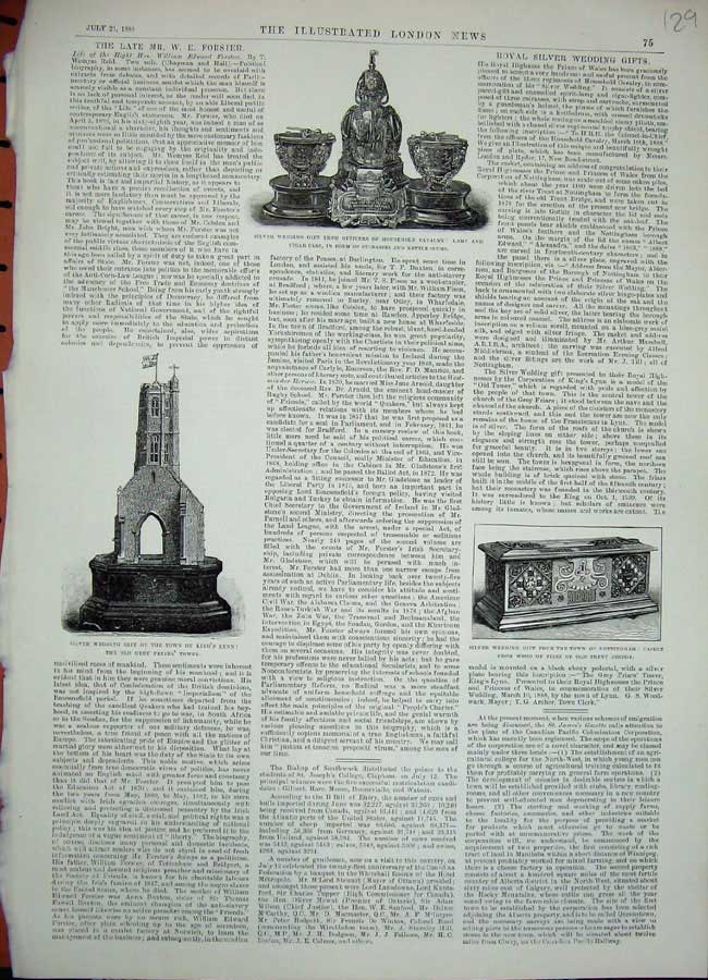 Old Antique Print 1888 Silver Wedding Gift Cigar Case Lamp Tower Casket 19th