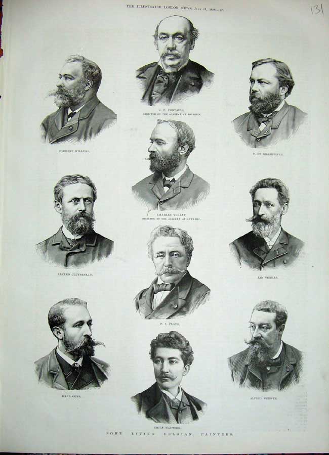 Original Old Antique Print 1888 Belgian Painters Portraits Willems Verlat Clays