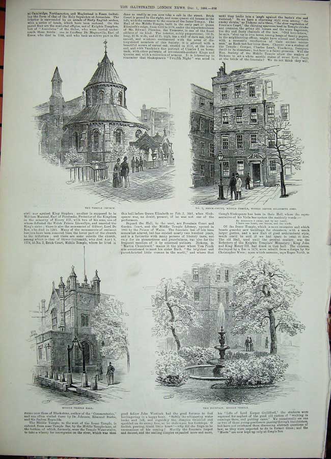 Original Old Antique Print 1888 Temple Cloisters Gsmith Tomb Church Fountain
