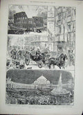 Original Old Antique Print 1888 German Emperor Rome Naples Coliseum Roma Piazza