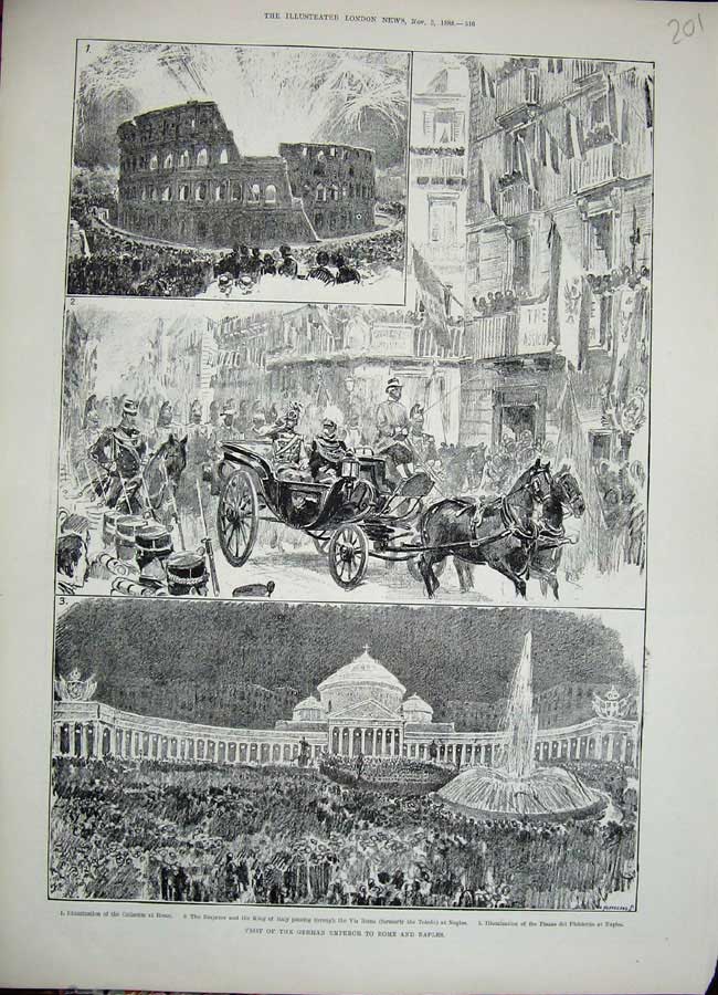 Original Old Antique Print 1888 German Emperor Rome Naples Coliseum Roma Piazza