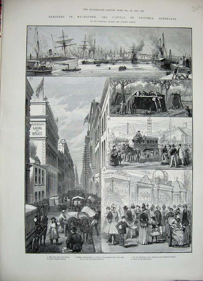 Old Antique Print 1888 Melbourne Australia Ferry Ships Flinders Railway 19th