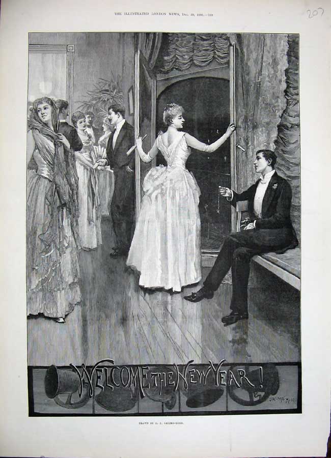 Original Old Antique Print 1888 Fine Art New Year Party Women Men Dancing 19th