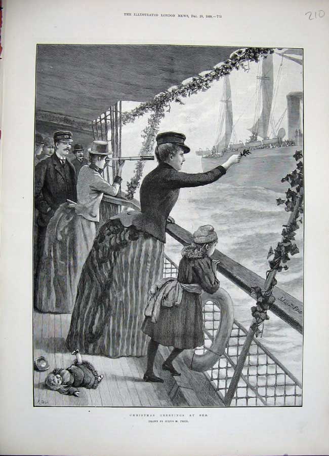 Old Antique Print 1888 Fine Art Christmas Greeting Sea Ship Little Girl 19th