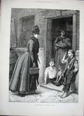 Original Old Antique Print 1888 Fine Art Lady Visiting House Children Baby 19th