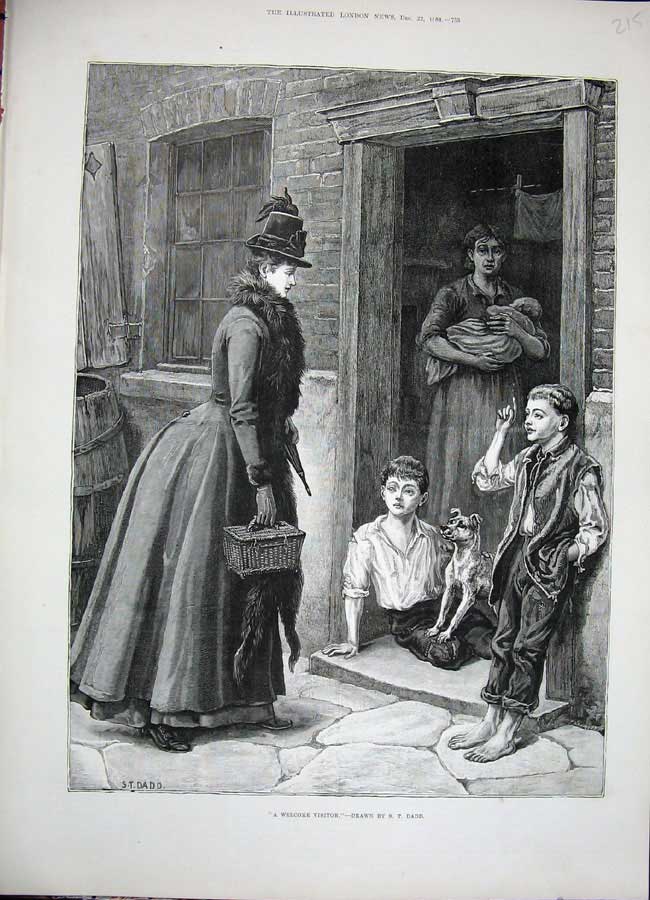 Original Old Antique Print 1888 Fine Art Lady Visiting House Children Baby 19th
