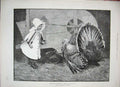 Original Old Antique Print 1888 Christmas Turkey Little Girl Farm Yard Fine Art