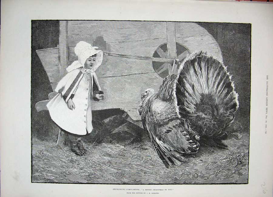 Original Old Antique Print 1888 Christmas Turkey Little Girl Farm Yard Fine Art