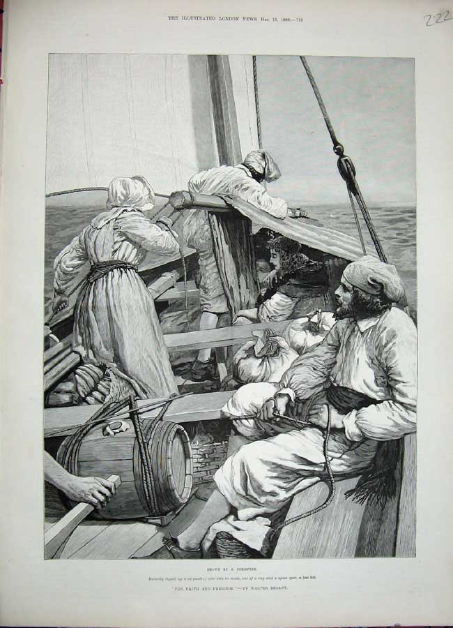 Original Old Antique Print 1888 Walter Besant Fine Art Barnaby Men Ship Sea