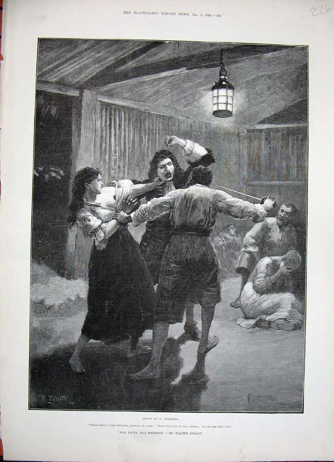 Original Old Antique Print 1888 Forestier Fine Art Barnaby Men Fighting Swords