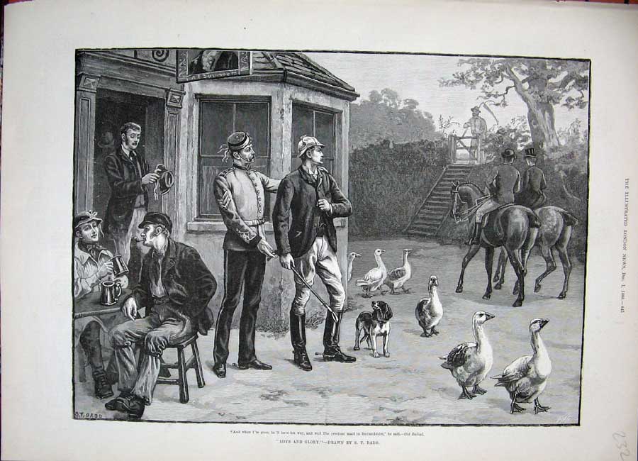 Original Old Antique Print 1888 Dadd Fine Art Hotel Men Drinking Geese Horses