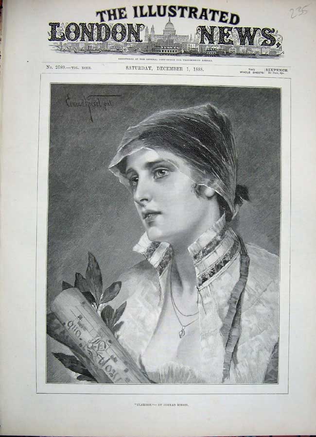 Original Old Antique Print 1888 Portrait Beautiful Woman Clarisse Kiesel 19th