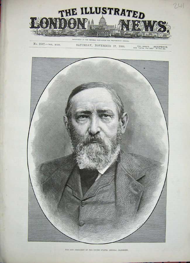 Old Antique Print 1888 Portrait President United States General Harrison 19th
