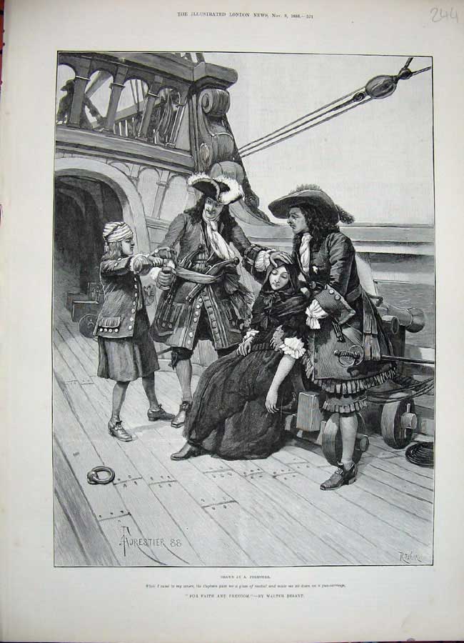 Original Old Antique Print 1888 Forestier Fine Art Lady Ship Men Canon Gun War