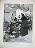 Old Antique Print 1888 Forestier Fine Art Street Market Baskets Women Boy 19th