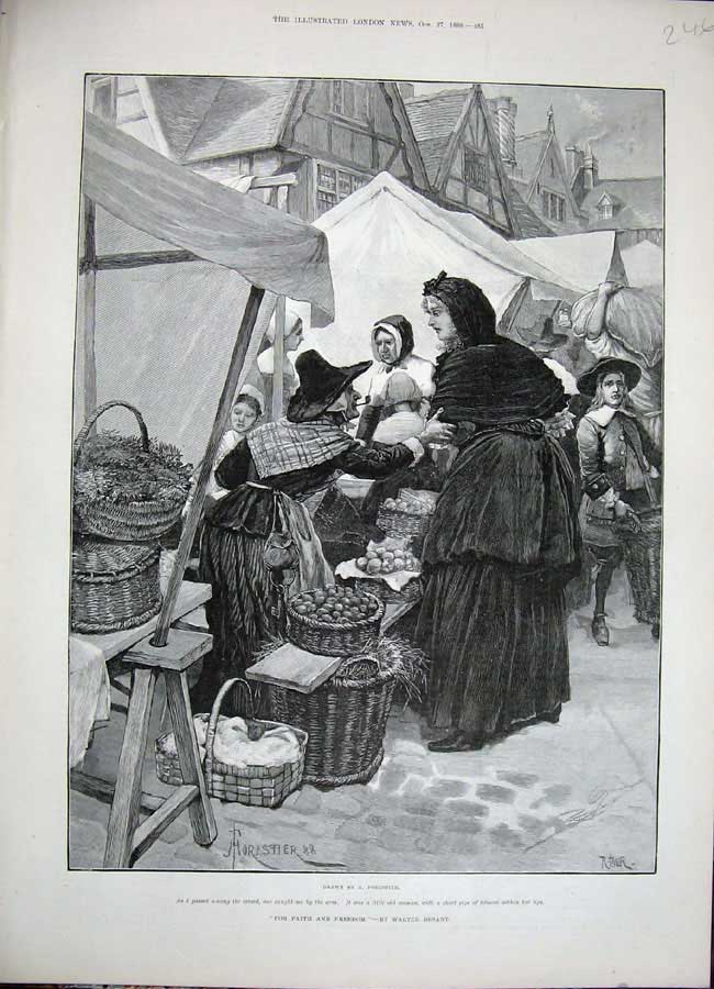 Old Antique Print 1888 Forestier Fine Art Street Market Baskets Women Boy 19th