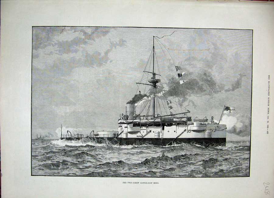 Original Old Antique Print 1888 Twin-Screw Battle Ship Hero War Sea Fine Art