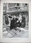 Old Antique Print 1888 Forestier Fine Art Boscorel Street Cobbles Woman 19th