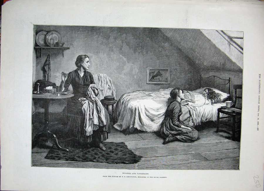 Original Old Antique Print 1888 Fine Art Mother Children Bed Kennington 19th