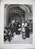 Original Old Antique Print 1888 Forestier Fine Art Women Children Castle Gate