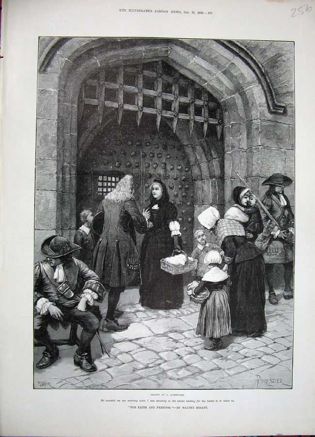 Original Old Antique Print 1888 Forestier Fine Art Women Children Castle Gate