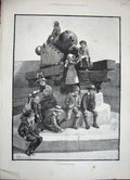 Original Old Antique Print 1888 National Defences Canon Gun Children Fine Art
