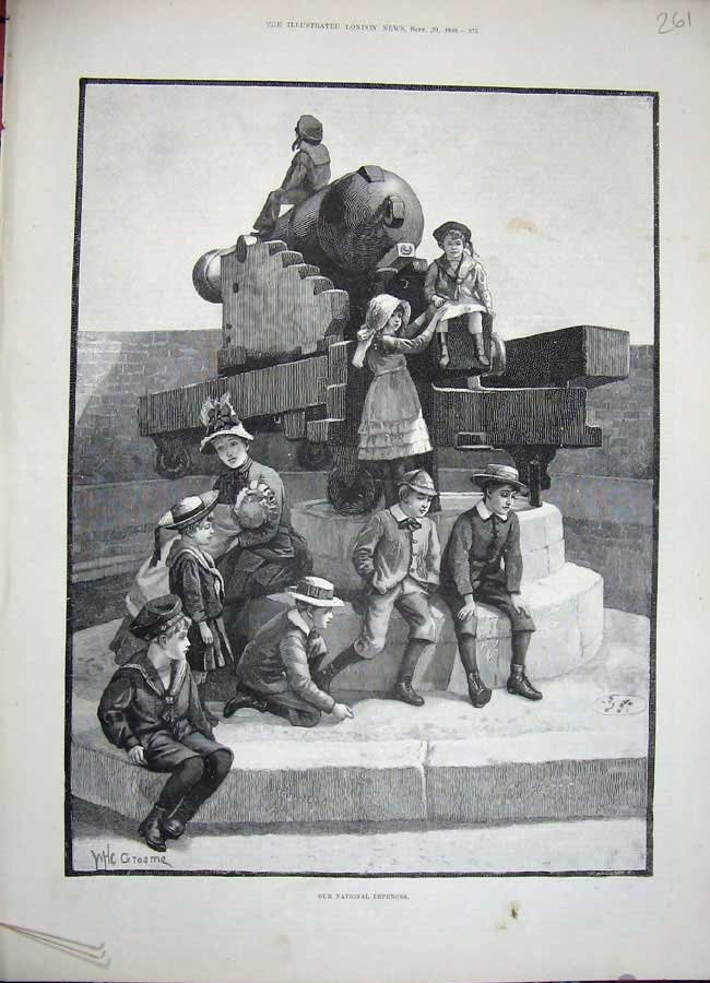 Original Old Antique Print 1888 National Defences Canon Gun Children Fine Art