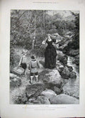 Original Old Antique Print 1888 Forestier Art Little Boys Mother Playing Stream