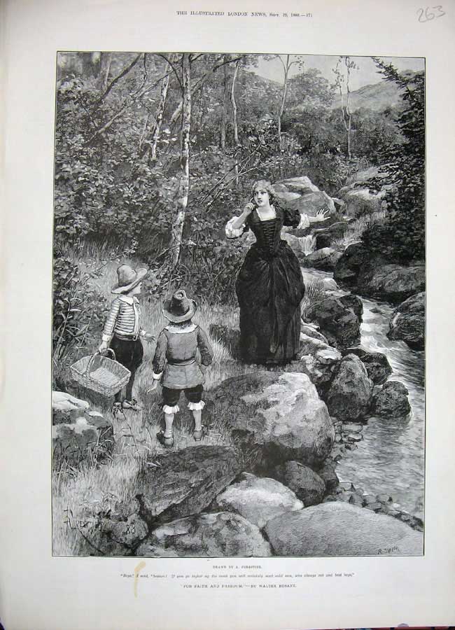 Original Old Antique Print 1888 Forestier Art Little Boys Mother Playing Stream