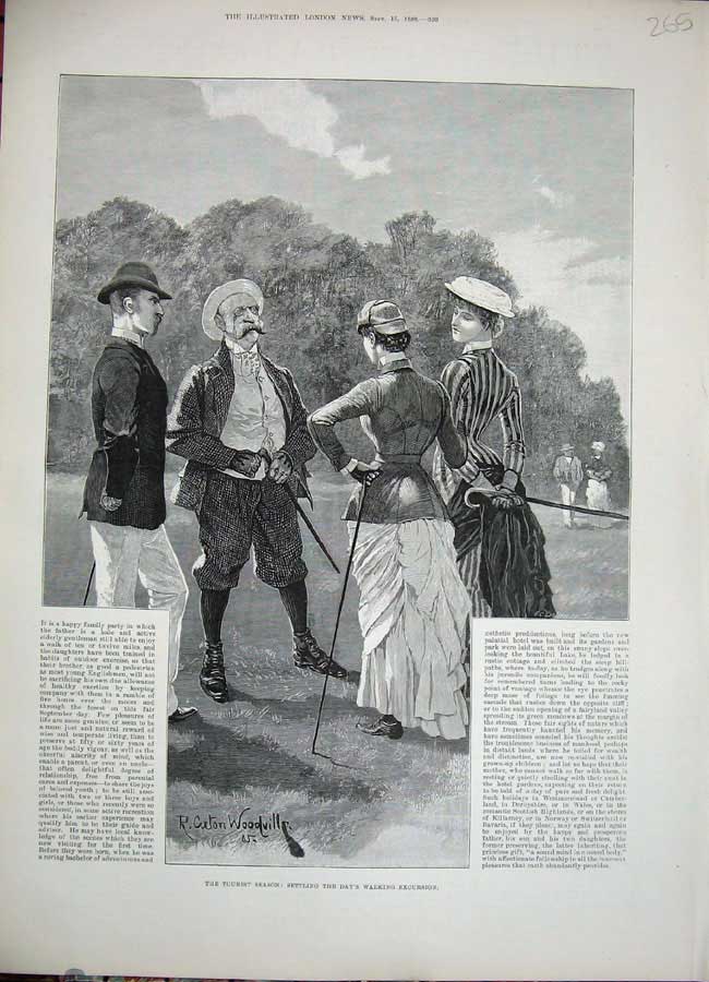 Original Old Antique Print 1888 Woodville Art Tourists Walking Excursion People