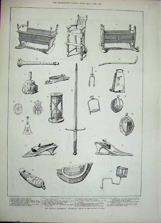 Old Antique Print 1888Historical Relics Bishops Castle Glasgow Exhibition 19th