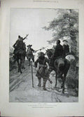Original Old Antique Print 1888 Forestier Fine Art Men Horses Weapons Halbert