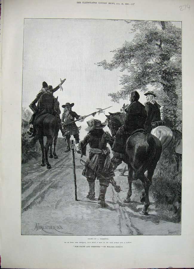 Original Old Antique Print 1888 Forestier Fine Art Men Horses Weapons Halbert