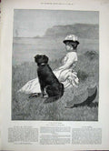 Old Antique Print 1888 Julius Price Young Woman Dog Umbrella Seaside Art 19th