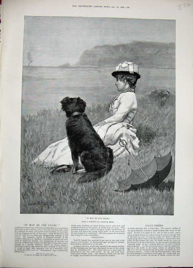 Old Antique Print 1888 Julius Price Young Woman Dog Umbrella Seaside Art 19th
