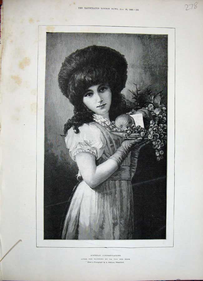 Old Antique Print 1888 Fine Art Beautiful Young Girl Birthday Friut Beek 19th