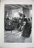 Old Antique Print 1888 Forestier Christopher Bowing Spinning Wheel Lady 19th