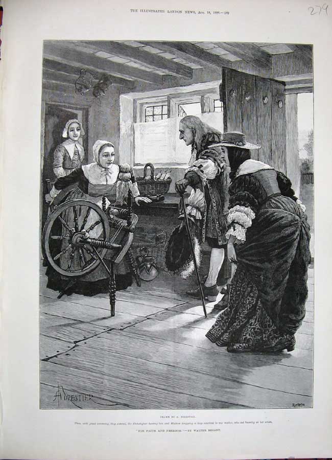 Old Antique Print 1888 Forestier Christopher Bowing Spinning Wheel Lady 19th